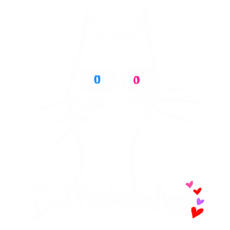 Hand-drawn cat mascot with mismatched blue and pink eyes